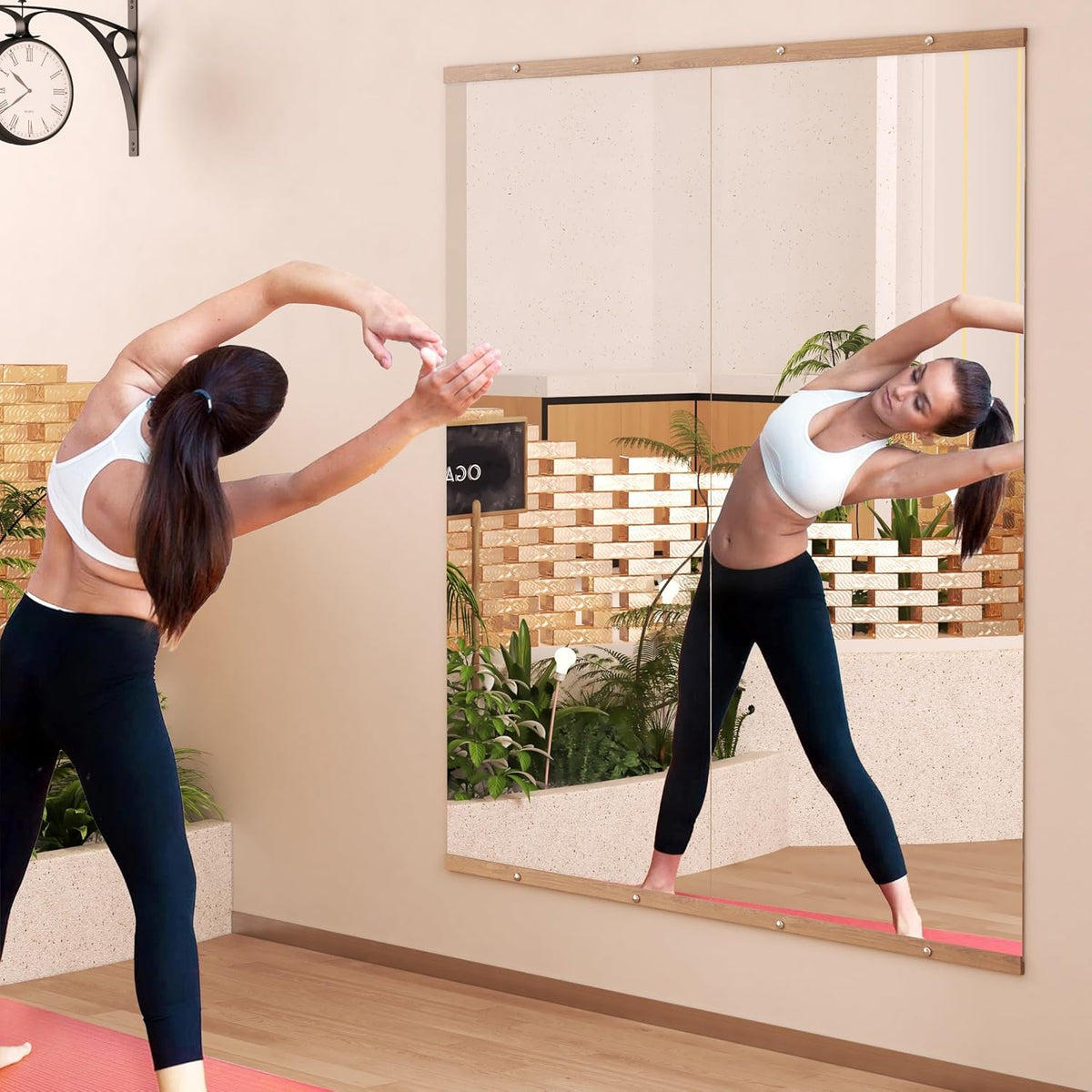 Hasipu 2Pcs 71''x31'' Home Gym Mirror Large Full Length Wall Mounted Full Body Mirror for Yoga Dance Fitness Exercise Studio Bedroom Garage, Frameless Tempered Glass Workout Mirrors Walnut Rectangular