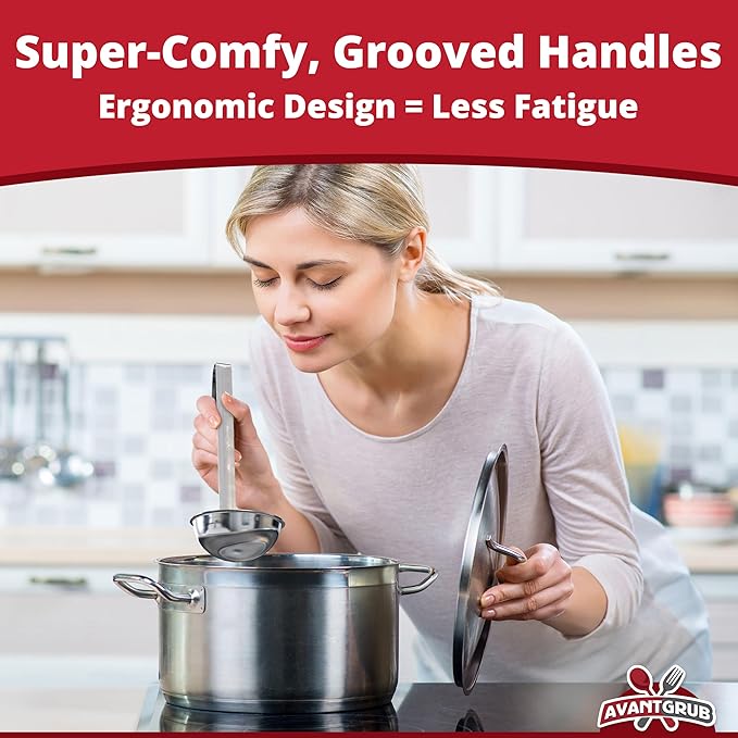 Super Sturdy, Ergonomic 6 Oz. Soup Ladle 3 Pk. Stainless Steel Ladles with Long Handles. Best Kitchen Accessories for Stirring, Portioning and Serving Soups, Chili and Stew in Restaurants and at Home