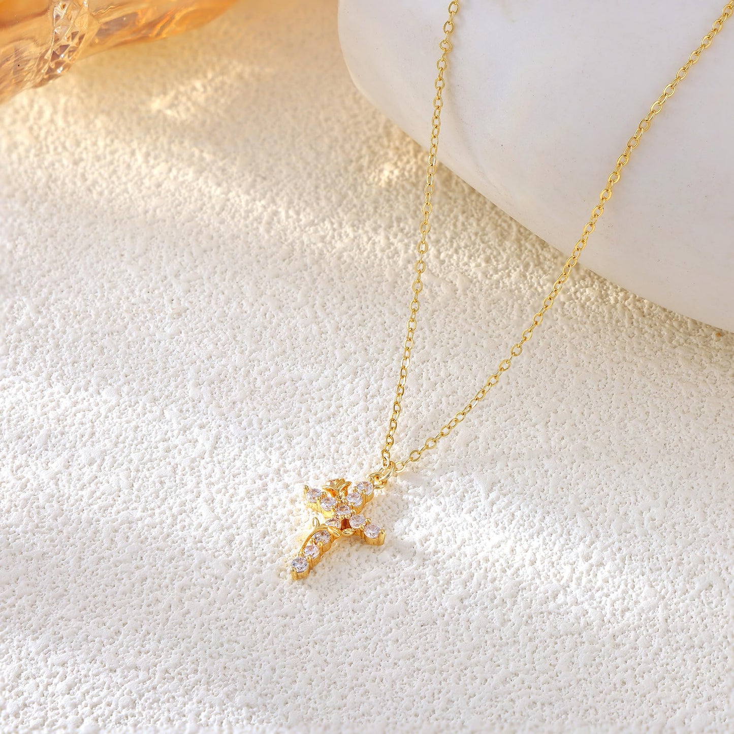 Robaice Flower Cross Necklace for Women, 14K Gold Plated Dainty Cubic Zirconia Faith Cross Pendant, Christian Religious Jewelry Gifts