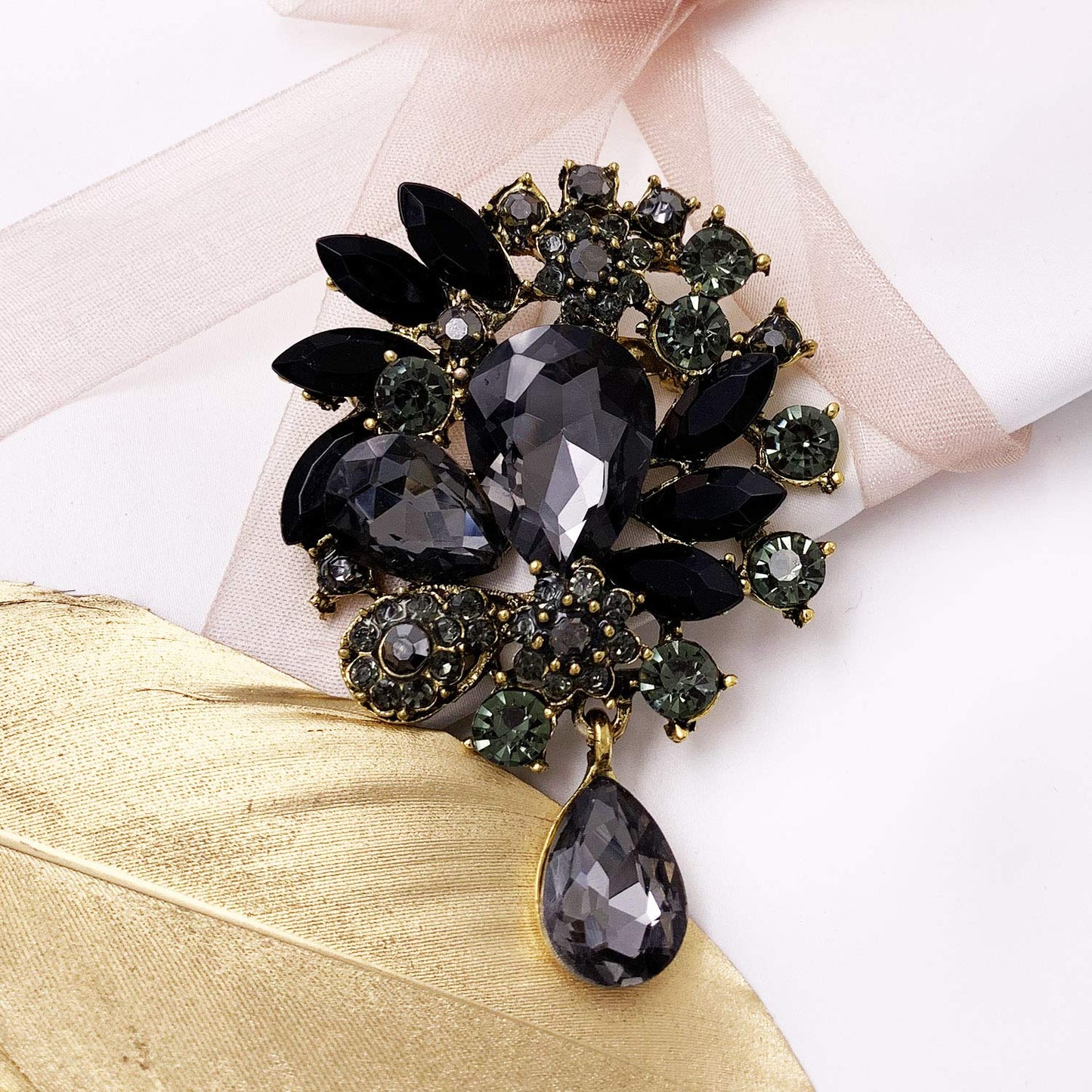 LAXPICOL Wedding Bridal Big Black Crystal Rhinestone Bouquet Teardrop Brooch Pin for Women Golden Tone