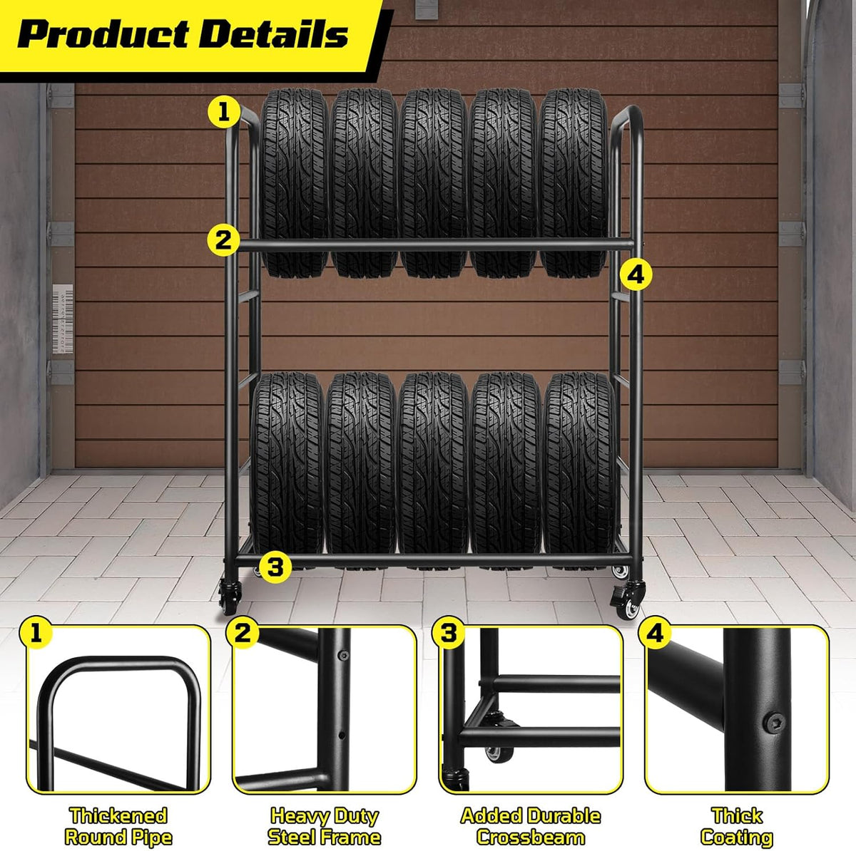 Tire Rack, 56 x 44 x 20 Inches Garage Tire Storage and Organization, Rolling Tire Rack 218KG/480LBS Capacity,2 Storage Shelf & 4 Swivel Casters,Black