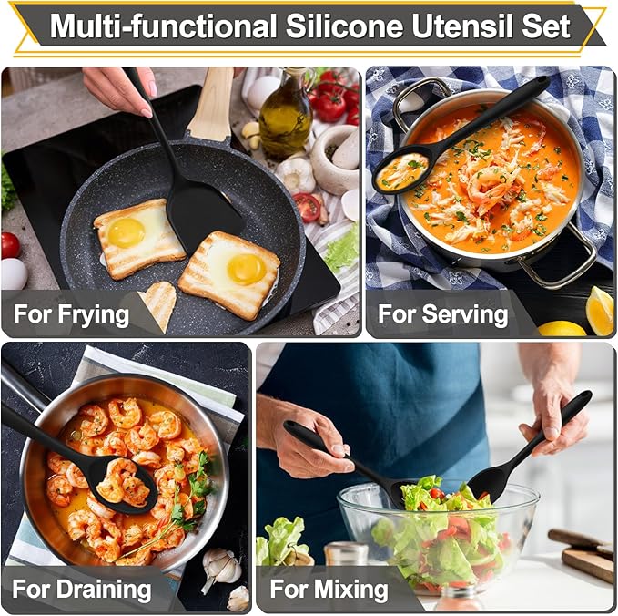 P&P CHEF Kitchen Utensil Set, 4 Pieces Non-stick Silicone Cooking Utensils, Heat-resistant Slotted Solid Spoon Turner for Frying, Mixing, Serving, Non-toxic & Easy to Clean, Black