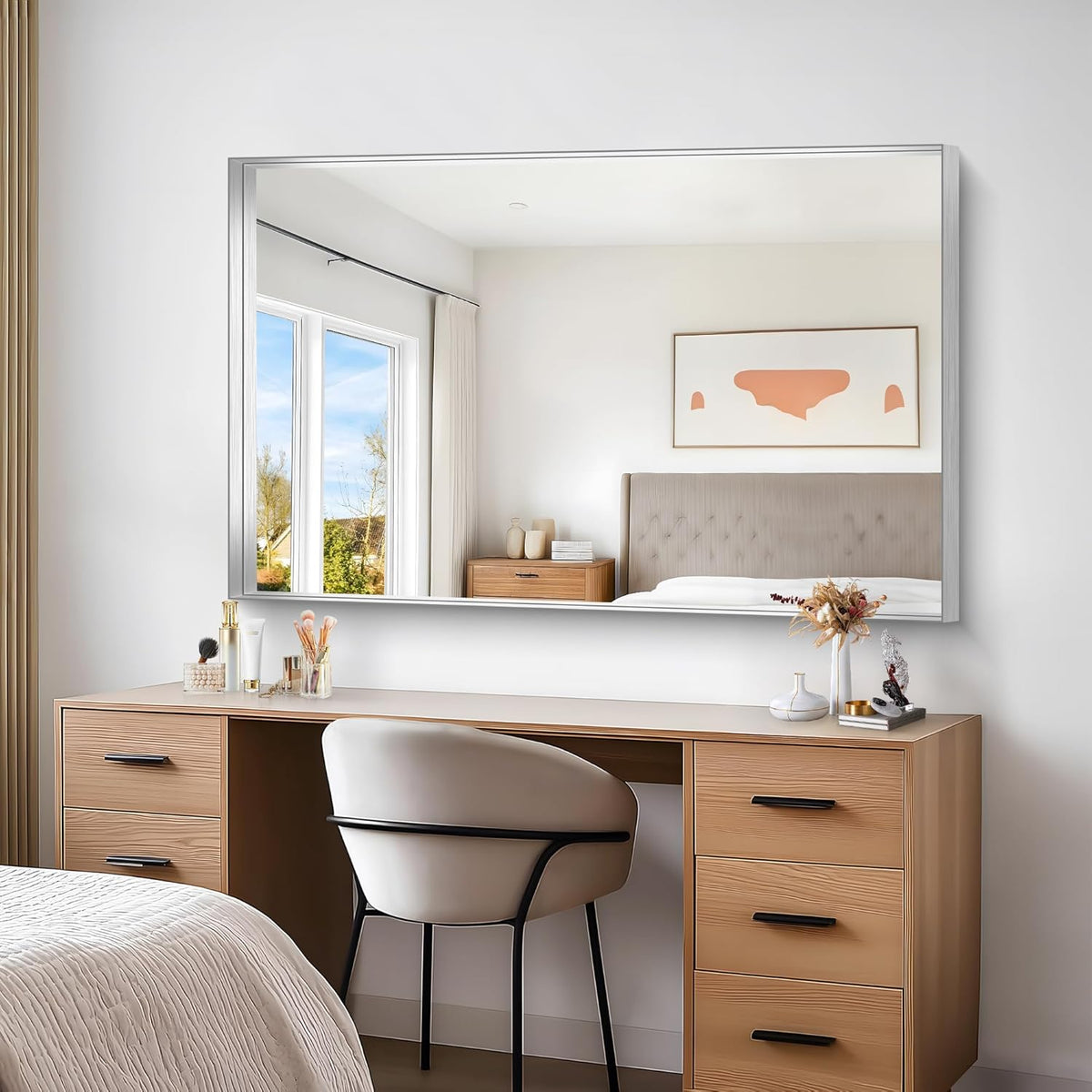 Silver Bathroom Mirror, 36x55 Inch Rectangular Deep Frame Mirror, Large Wall Mounted Bathroom Vanity Mirror Over Sink for Bedroom,Restroom, Living Room, Hangs Vertically or Horizontally