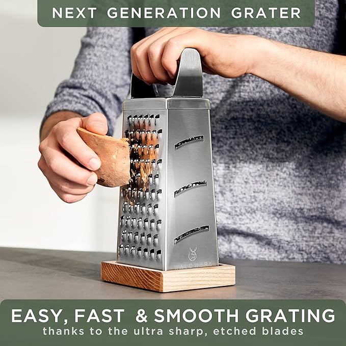 WALDWERK Premium Grater with Etched Stainless Steel Blades - Grater for Kitchen with Oak Wood Base - Box Grater with 4 Sides for Parmesan Cheese, Vegetables, Carrots, or Potatoes - Cheese Grater