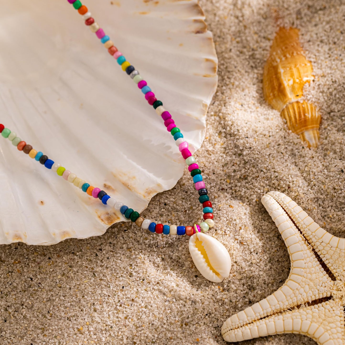 Plenky Gold Necklace for Women-Colorful Beaded Necklaces 14K Gold Plated Bohemian Choker Conch Shell Beachy Jewelry for Women Gifts