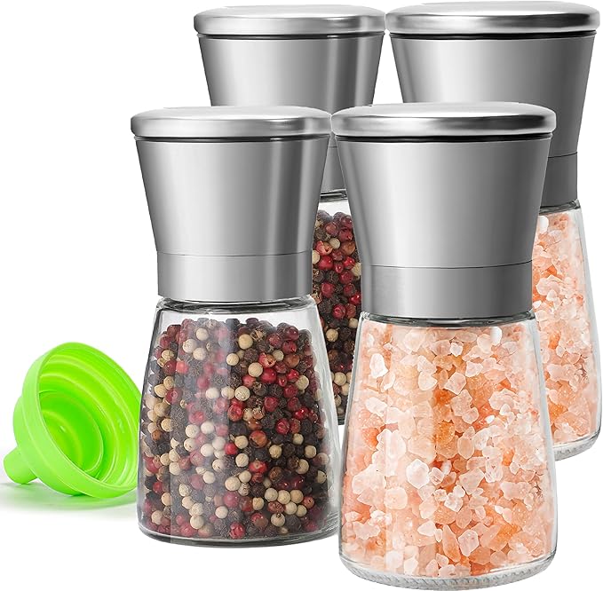 Premium Stainless Steel Salt and Pepper Grinder Set of 4 - Adjustable Ceramic Sea Salt Grinder & Pepper Grinder - Glass Salt and Pepper Shakers - Pepper Mill & Salt Mill W/Funnel