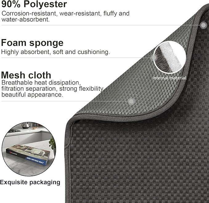 Dark Gray Dish Drying Mats 17” x 24” – Extra Large Kitchen Drying Mat for Countertop, Absorbent Microfiber Dish Rack Mat, Foldable Dish Pad for Dishes, Pans – Reusable Dish Drainer Mat