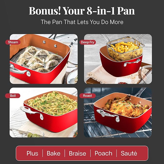 Gotham Steel 20 Pc Pots and Pans Set Nonstick Cookware + Bakeware Set, Complete Ceramic for Kitchen, Non Stick with Lids, Dishwasher / Oven Safe, Toxic - Red