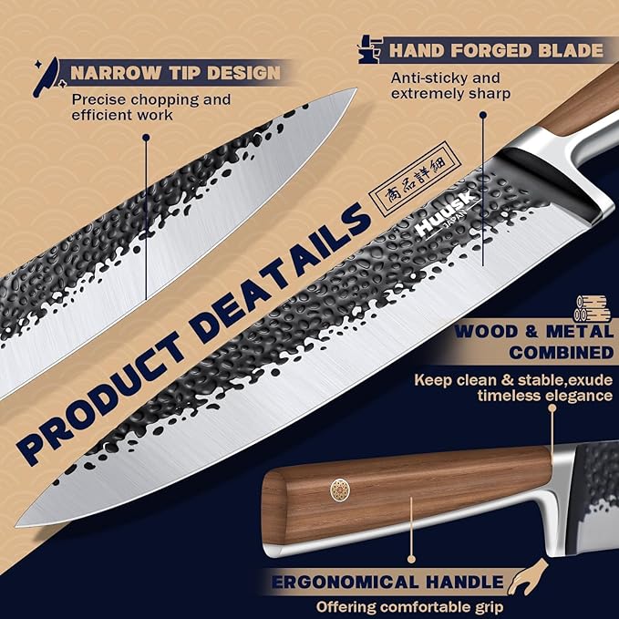 Huusk Japanese Chef Knife 8 Inch Gyuto Kitchen Knife Hand Forged Sushi Knives with Ergonomic Handle Professional Cooking Knife for Cuttting Meat Vegetables Premium Giftbox