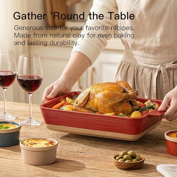 Dafuceramic Casserole Dish for Oven, 4.2 QT Baking Dish, 9x13 Large Porcelain Baking Pan, Durable Rectangular Lasagna Pan Deep with Handles, Microwave Oven Safe, Home Decor, Wedding Gift,(Khaki & Red)