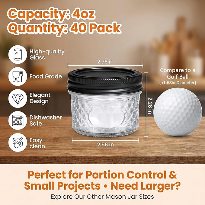 4oz Clear Glass Mini Mason Jars, 40 Pack Small Clear Canning Jars with Black Separable Lids and Diamond appearance for Spice, Honey, Jam, Caviar, Candle Making, Wedding Favors & Kitchen Storage