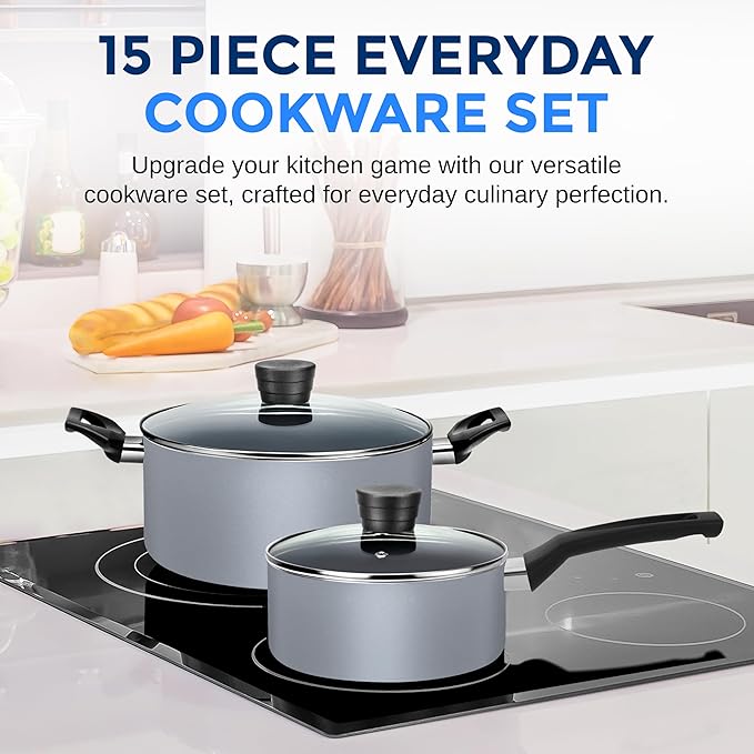 SereneLife Kitchenware Pots & Pans Basic Kitchen Cookware, Black Non-Stick Coating Inside, Heat Resistang Lacquer (11 Piece set), One Size, Gray
