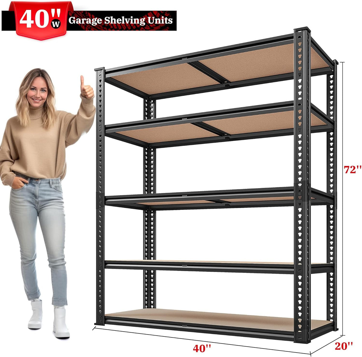 REIBII 2500LBS Garage Shelving Heavy Duty 72''H Storage Shelves 40" W Heavy Duty 5 Tier Metal Shelves Adjustable Pantry Shelf for Closet Pantry Basement Kitchen Warehouse 72" H x 40" W x 20" D, 2 Pack