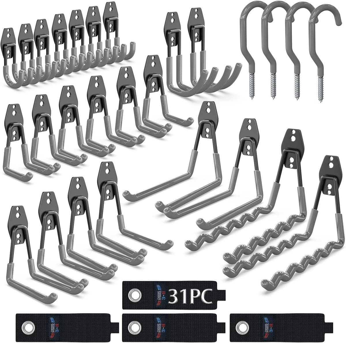 3-H Garage Wall Hooks 31 Pack, Garage Hooks Heavy Duty with Extra Welding Spots, Garage Organizer for Garden, Lawn, Yard Tools, Chairs, Ladders, Weed Eater, Shovel, Blower(Gray)