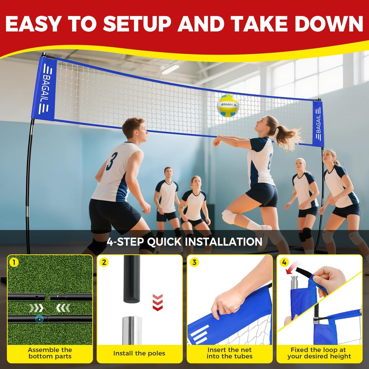 BAGAIL Volleyball Net, 12ft/20ft Portable Volleyball Net for Backyard - Adjustable Height, Heavy-Duty Frame, Freestanding Design - Portable Outdoor/Indoor Volleyball Set with Carry Bag