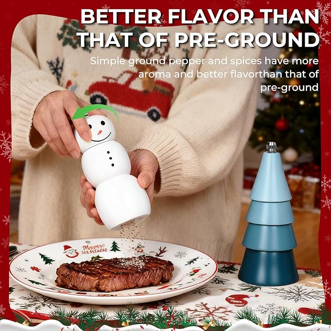 Christmas Salt and Pepper Grinder Set, Snowman & Tree Refillable Salt and Pepper Mills with Adjustable Ceramic Core, Wooden Manual Salt and Pepper Shakers for Kitchen,Gift, Christmas Decor