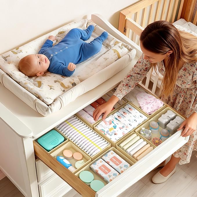 DIMJ Drawer Organizer Clothes Storage - 18 Pack Baby Dresser Organizer for Nursery, Foldable Drawer Dividers for Bedroom Closet Organization, Fabric Storage Bins for Socks, Underwears, Bras