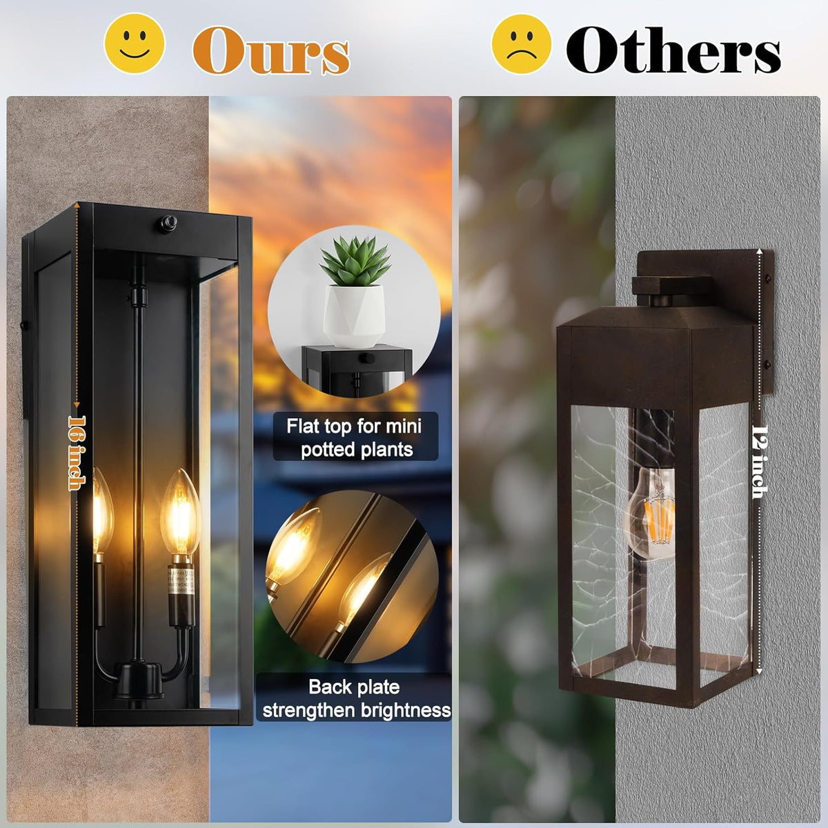 16” Dusk to Dawn Outdoor Lighting, 2 Pack Black Modern Porch Outside Lights for House 2-Light, Photocell Sensor Exterior Patio Coach Wall Lanterns Outside Garden Sconce Lamps Waterproof E12