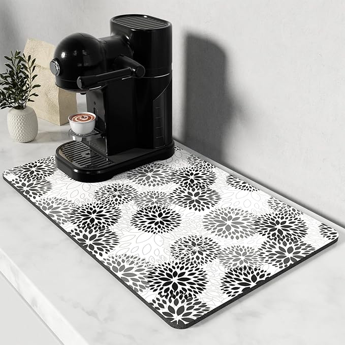 Rnivvi Coffee Mat, 12" x 19" Cute Coffee Bar Mats for Espresso Machine Station Accessories and Organizer, Hide Stain Rubber Backed Absorbent Dish Drying Pad for Kitchen Counter, Cartoon Flowers