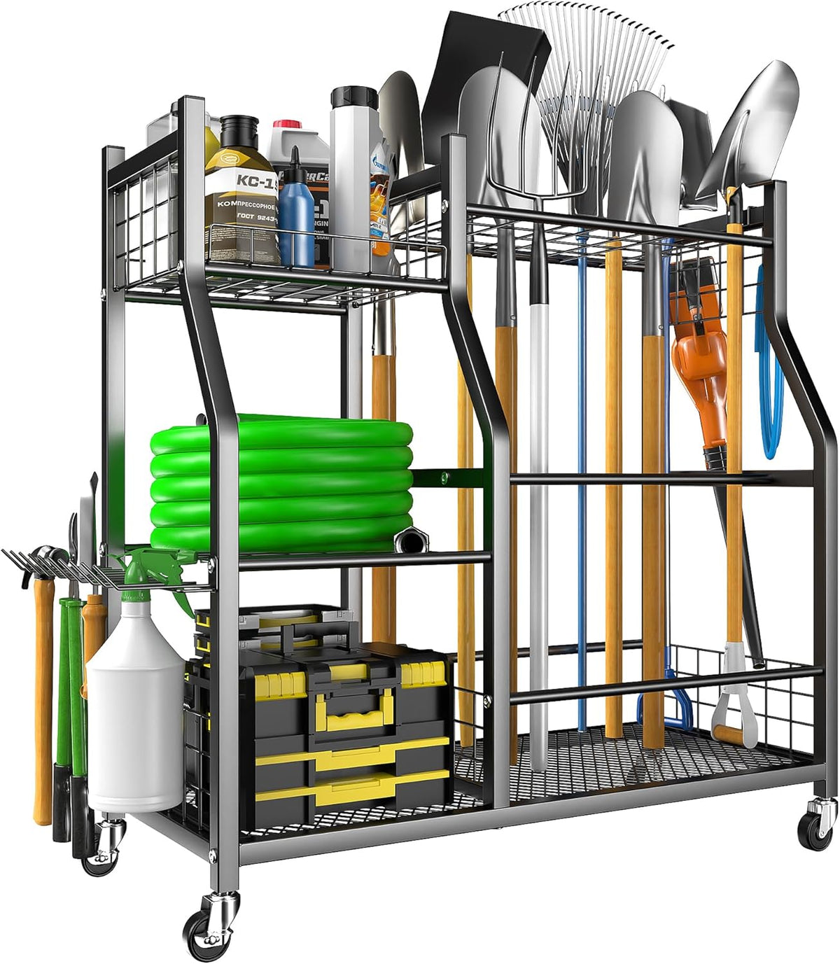 EVERHANGER Garden Tool Organizer Stand, Garage Tool Storage Organization, Yard Tool Racks with lockable wheels, Fit for Long-Handled Tools/Rakes/Brooms
