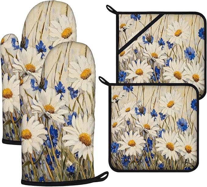 Daisy Flowers Oven Mitts and Pot Holders Sets 4Pcs,Extra Long Oven Gloves Potholder for Kitchen Cooking Baking BBQ 100% Cotton Heat Resistant