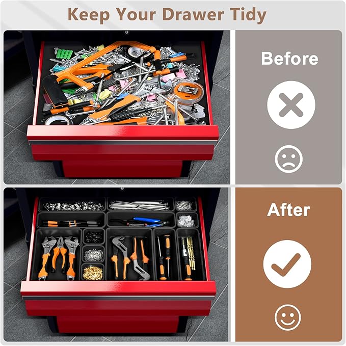 A-LuGei【 & 5 Size Tool Box Organizer Tray Divider Set, 【Black】 Bathroom Drawer Organizer Bin, Garage Organization and Storage Toolbox Rolling Tool Chest Cart Cabinet WorkBench Small Part
