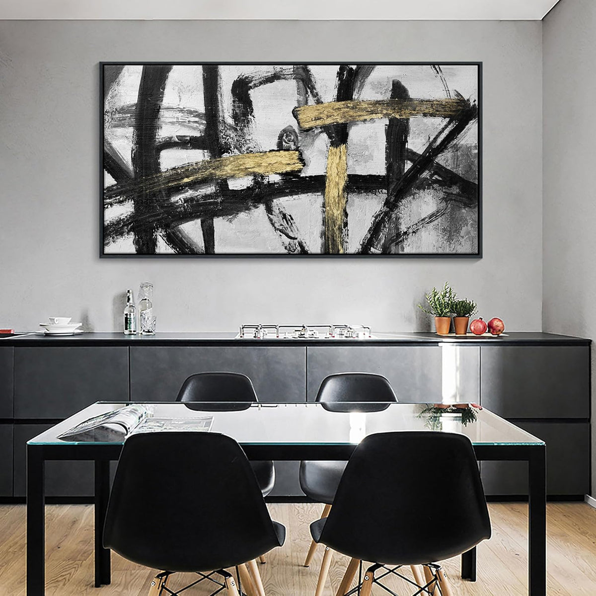 CHATYOUNG Wall Art Modern Abstract Paintings - Large Golden Thread Canvas Prints Black White and Gold Interweaving Wall Pictures Prefer for Bedroom Living Room Office Decor,Framed, 29 x 58 In
