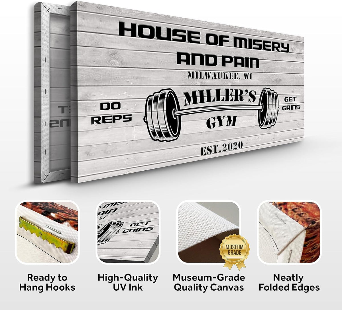 Tailored Canvases Personalized Gym Sign Wall Art Decor - Motivational Canvas for Home Gym, Workout Room, Garage, Fitness Center - Workout Inspirational Posters - House of Misery and Pain, White Wood 20x10in