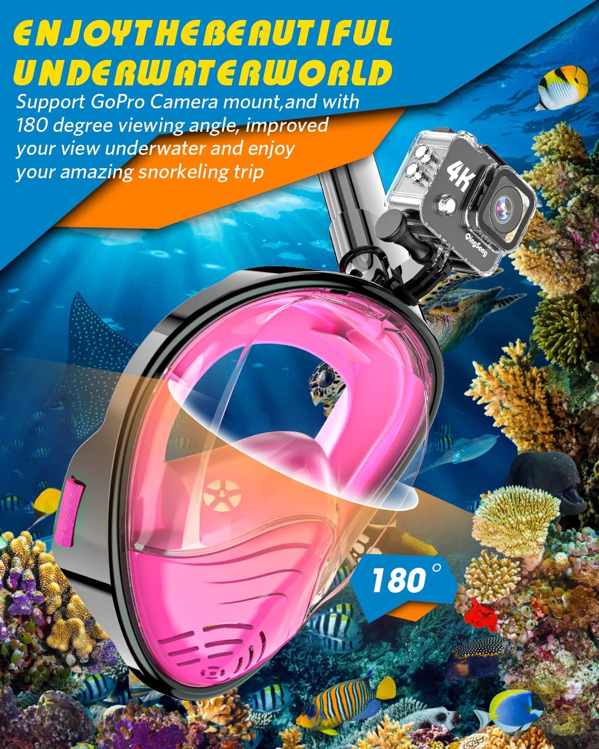 QingSong Full Face Snorkel Mask for Adults, Snorkeling Gear with Camera Mount, 180 Degree Panoramic View Snorkel Set Anti-Fog Anti-Leak