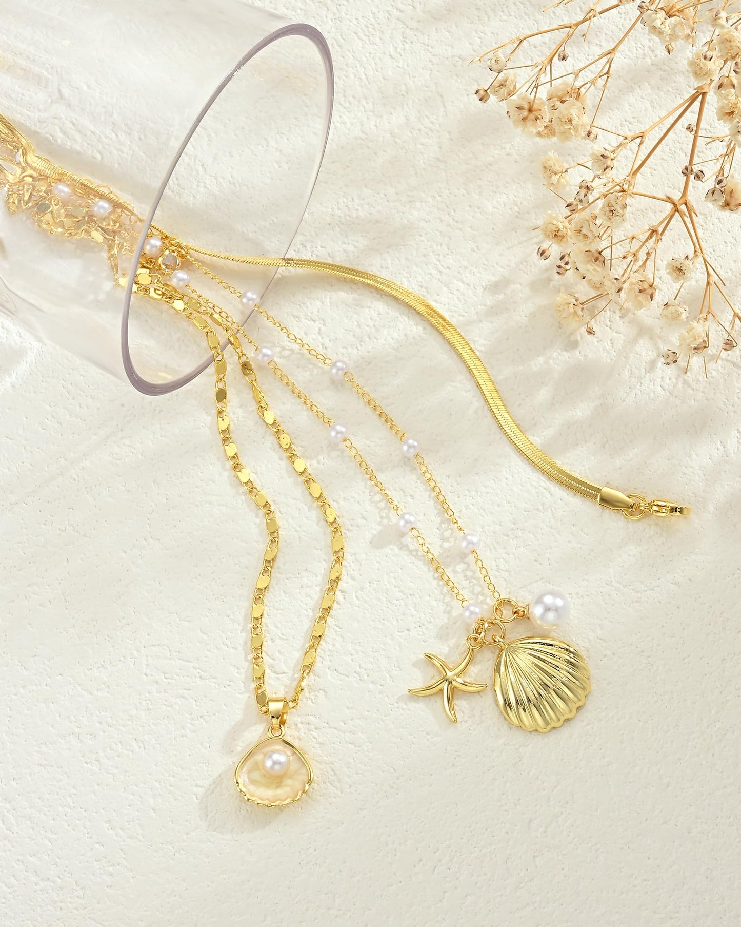 iF YOU Gold Necklace for Women, Layered Gold Seashell Necklace Set, Beach Themed Charm Necklace with Starfish and Flower Pendants, Dainty Gold Jewelry for Women (GOLD-01)