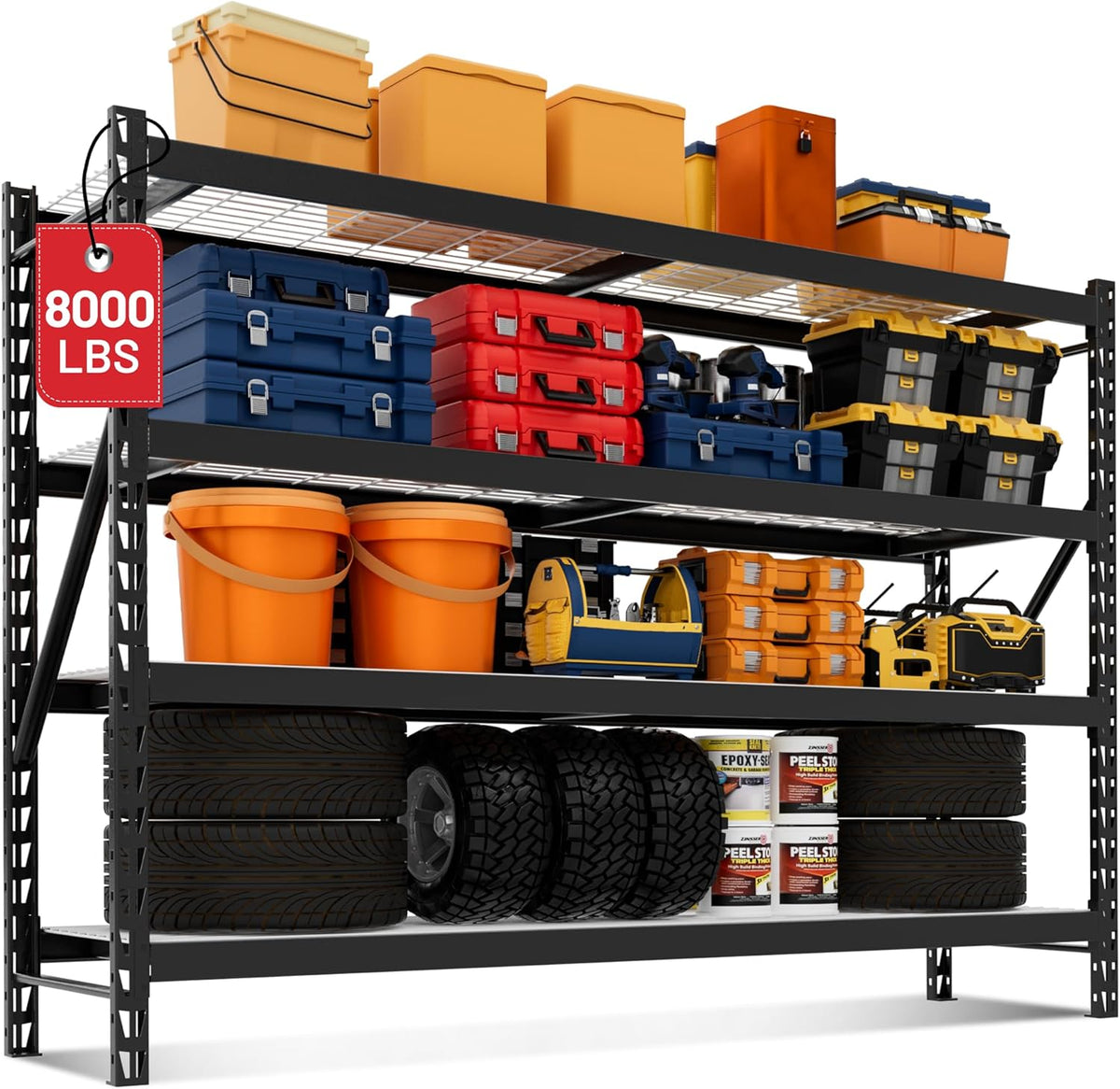 WORKPRO 77" Garage Shelving Unit, 8000LBS Heavy Duty Metal Storage Rack, Extra Wide Adjustable 4-Tier Shelves for Warehouse, Basement, and Garage, 77" W X 24" D X 72" H, Black