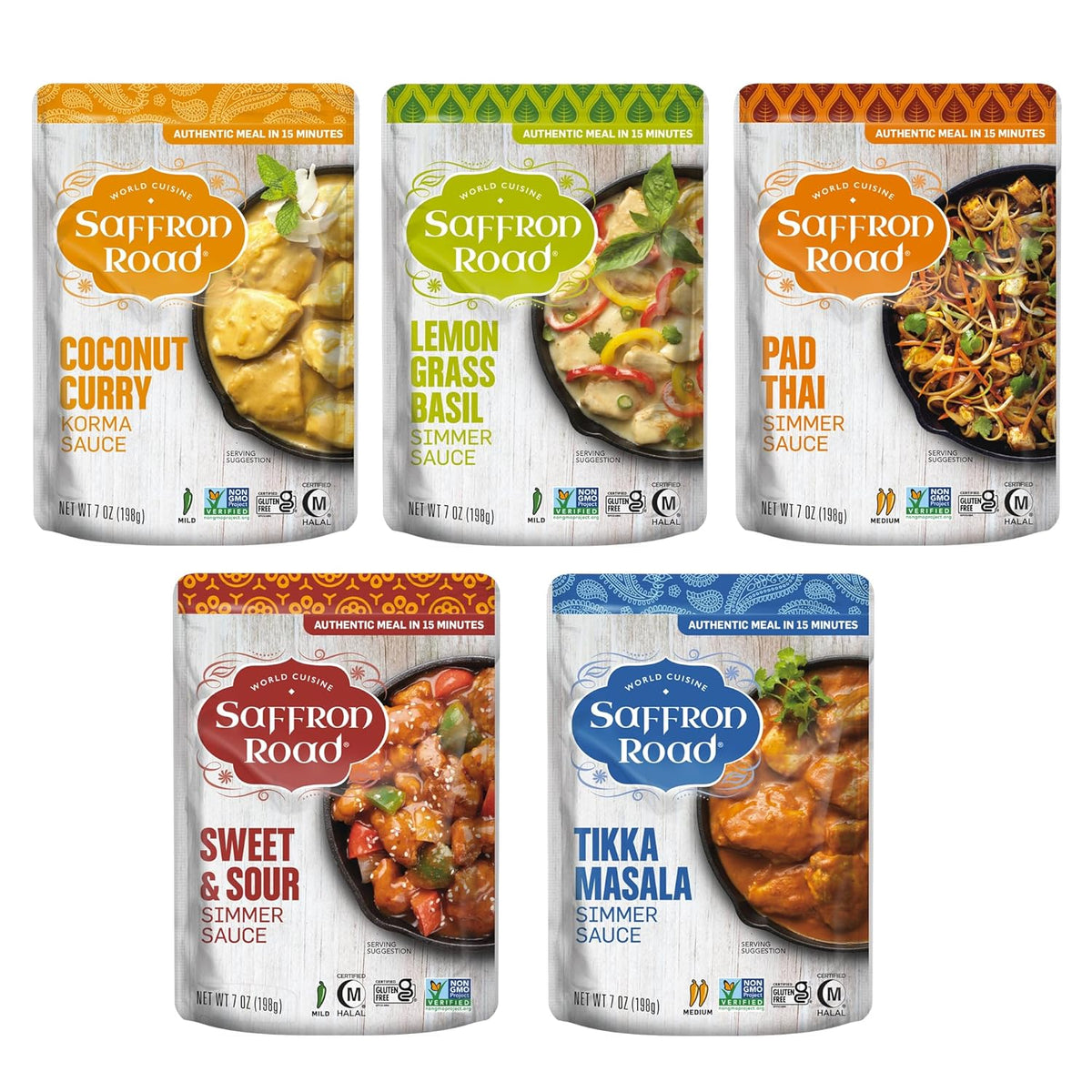 Saffron Road Simmer Sauce Variety Pack | Lemongrass Basil, Coconut Curry, Pad Thai, Sweet & Sour, and Tikka Masala | Vegetarian, Non-GMO, Halal, and Kosher | 7.0oz Pouch | Pack of 5
