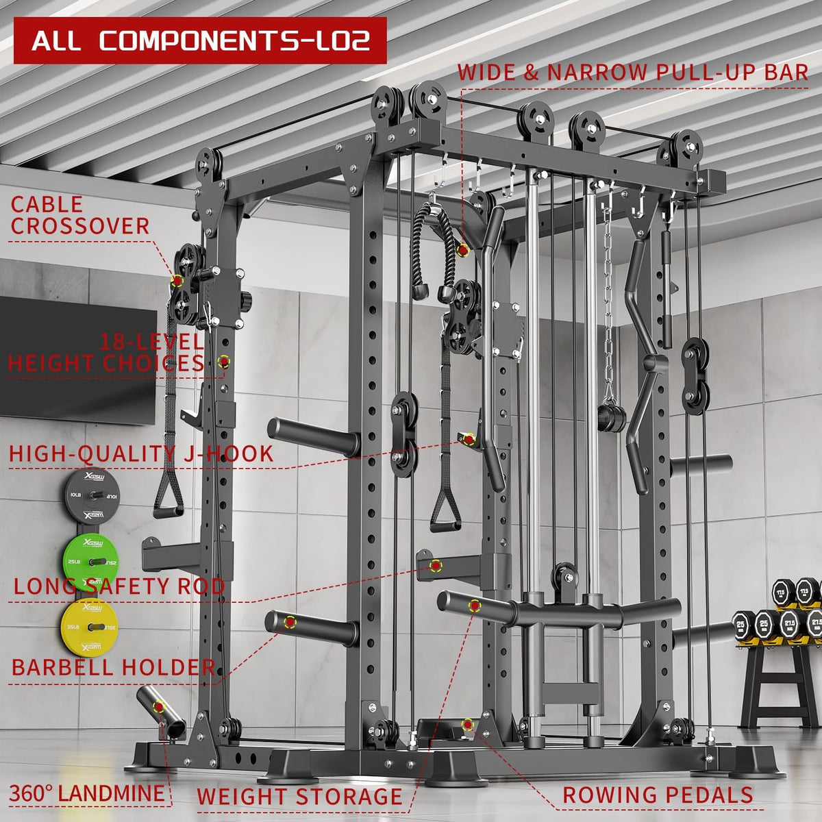 Power Cage,1600lbs Multi-Function Power Rack with Adjustable Cable Crossover System and More Training Attachment, Weight Cage for Home Gym