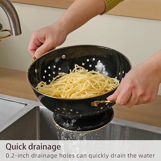 Metal Colander 2 Pack, 3.5 Quart Powder Coated Self-draining Solid Ring Base Metal Large Kitchen Pasta Vegetable Fruit Strainer with Handle (L-BLACK)