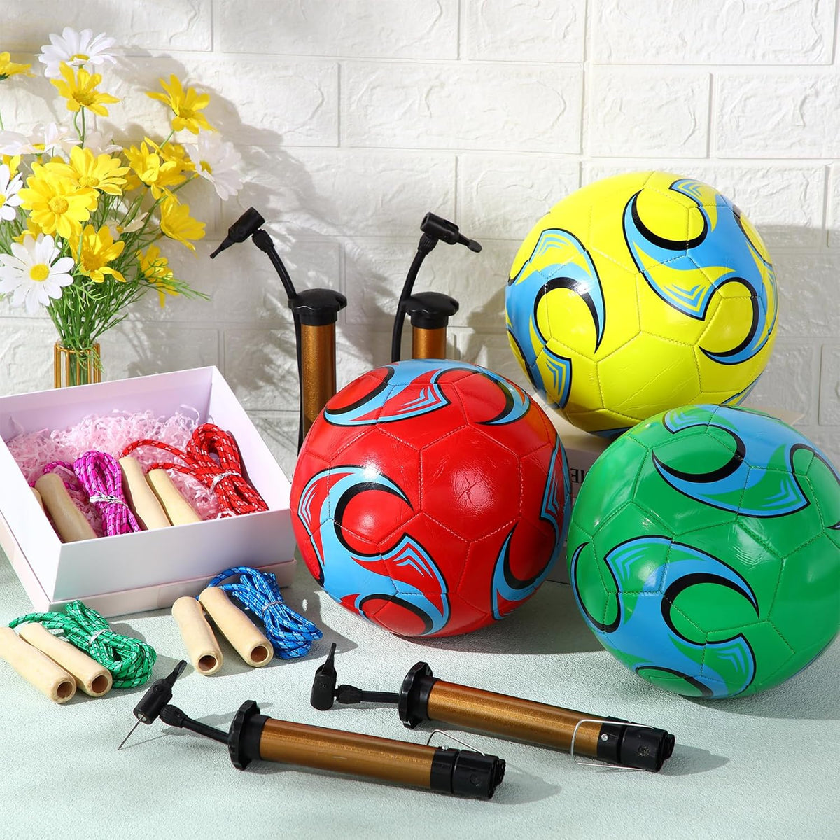 12 Sets Operation Christmas Deflated Soccer Ball Bulk with Pump Jump Rope, Bulk Soccer Balls 7.25 ft Adjustable Skipping Rope Outside Sport Balls