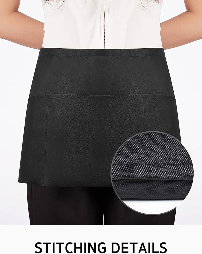 Syntus 1 Pack Server Aprons with 3 Pockets, Waterdrop Resistant Waitress Waiter Waist Apron, 11.5-inch Black