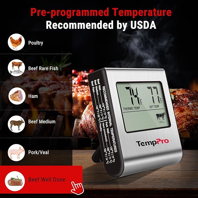 TempPro TP16 Large LCD Digital Cooking Food Meat Thermometer for Smoker Oven Kitchen BBQ Grill Thermometer Clock Timer with Stainless Steel Temperature Probe(Previously ThermoPro)