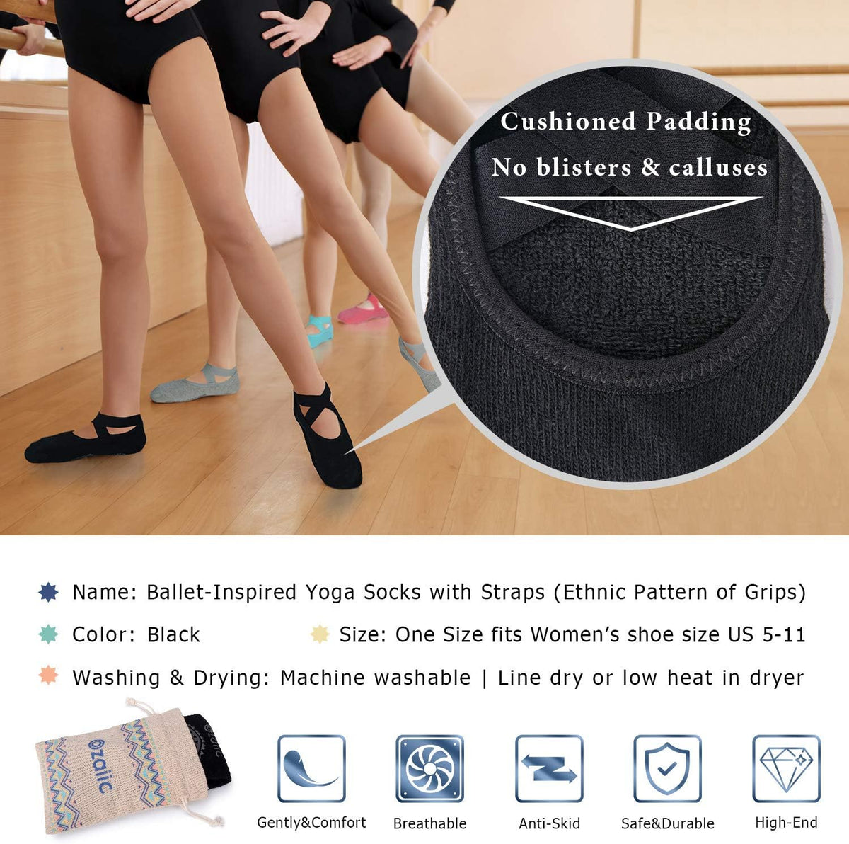 Ozaiic Yoga Socks for Women Non-Slip Grips & Straps, Ideal for Pilates, Pure Barre, Ballet, Dance, Barefoot Workout