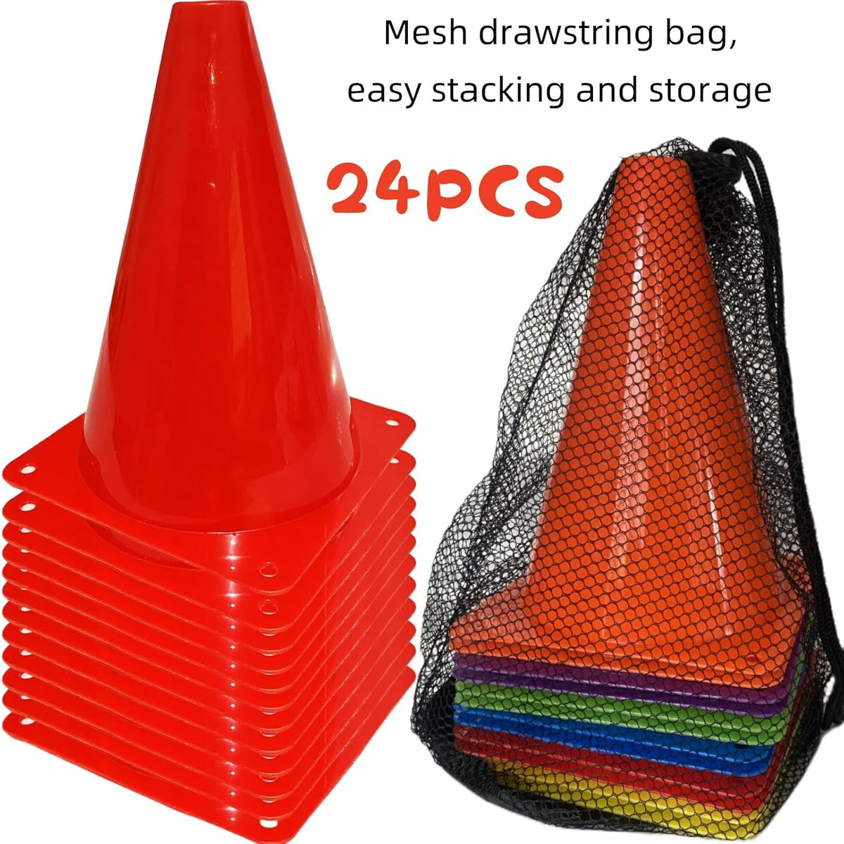 24 Pcs 7 Inch Plastic Traffic Cones, Basketball Football Drills, Skating, Sport Training Agility Markers, Indoor Outdoor Games, Multicolor