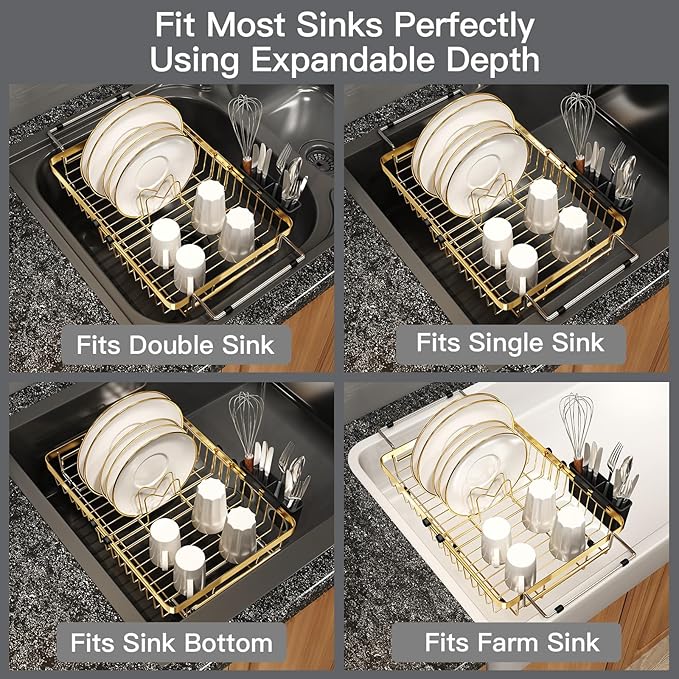 MAJALiS Dish Drying Rack Over The Sink, Expandable Stainless Steel Dish Drainer for Small Kitchen Counter Space Saving, RV Compact Plate Strainer in Gold Metal with Hanging Adjustable Utensil Holder