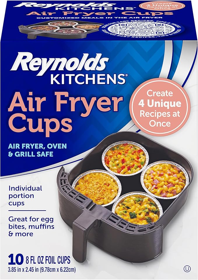 Reynolds Kitchens Air Fryer Cups, Easily Cook Individual Air Fryer Food and Non-Traditional Foods, Great for Meal Prepping and Picky Eaters, Oven-Safe and Grill-Safe, 10 Pack, 8 fl oz.