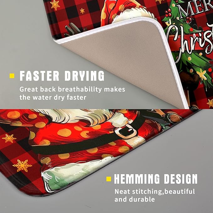 Merry Christmas Santa Claus Red Buffalo Plaid Dish Drying Mat for Kitchen Counter,Winter Snowflake Xmas Tree Drying Mat 16 x 18 Inch with Absorbent Reversible Microfiber Dish Drying Pad for Coffee Bar
