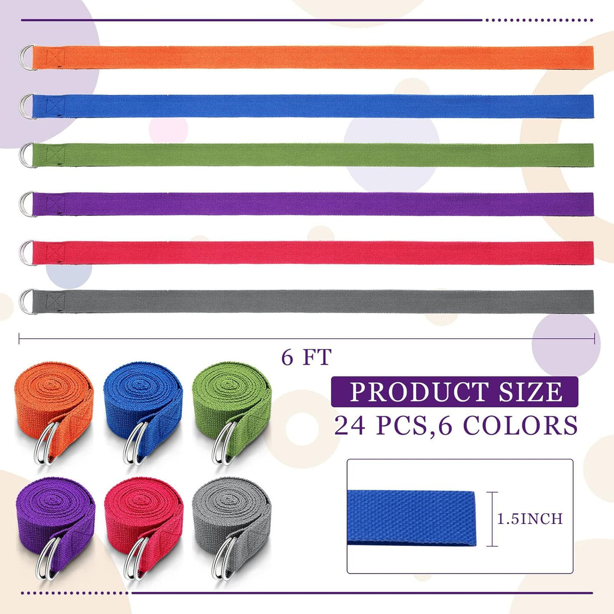 Leyndo 24 Pieces Yoga Strap Stretching Pilates Exercise Adjustable Straps 6 ft Non Elastic Yoga Belt with Adjustable D Ring Buckle for Pilates Gym Workouts Fitness