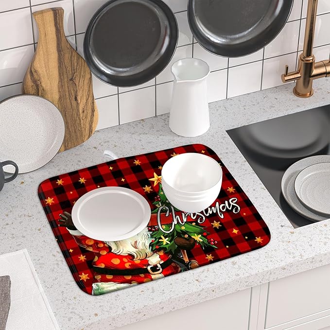 Merry Christmas Santa Claus Red Buffalo Plaid Dish Drying Mat for Kitchen Counter,Winter Snowflake Xmas Tree Drying Mat 16 x 18 Inch with Absorbent Reversible Microfiber Dish Drying Pad for Coffee Bar