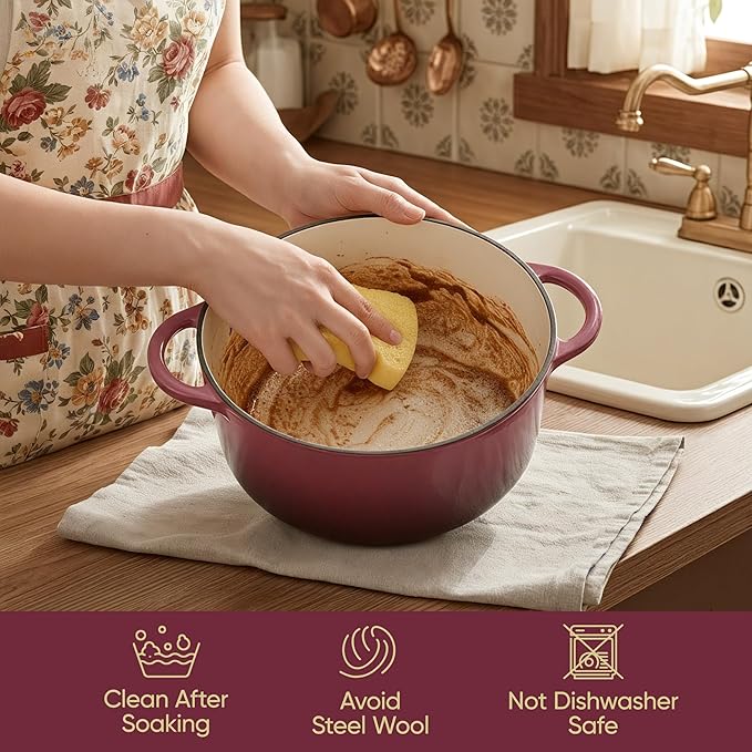 Vintage Style 4.5 Quart Dutch Oven Pot with Lid, Non Stick Enameled Cast Iron Dutch Oven for Bread Baking, Heavy-Duty, Oven Safe Ceramic Cookware Up to 500°F for Baking, Braising, Stews, Roasting, Rose