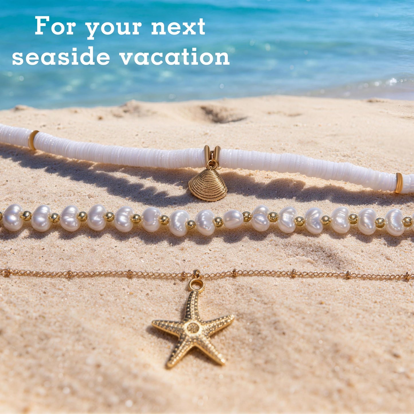 VOJO Starfish Seashell Necklace for Women, 3 Layers Stacked Summer Beach Necklaces, Colorful Polymer Clay Pearl Jewelry, 18K Gold Plated Tropical Hawaii Vacation Accessories, Tarnish Resistant Gifts (polymer clay seashells + starfish)