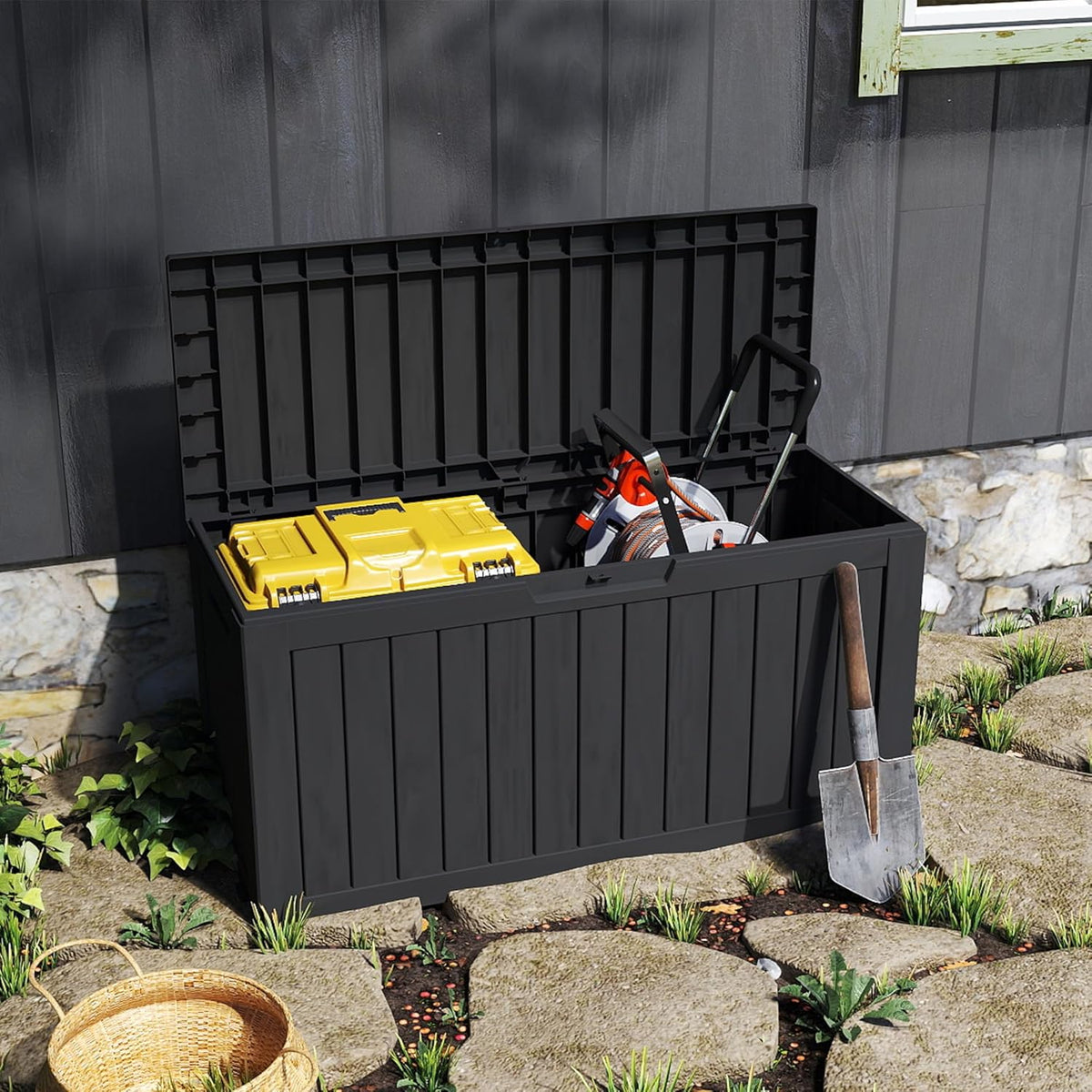 90 Gallon Lockable Resin Deck Box with Wheels, Waterproof & UV-Resistant Outdoor Storage Box for Outdoor Cushion Storage, Garden Tools & Pool Accessories Storage, Black