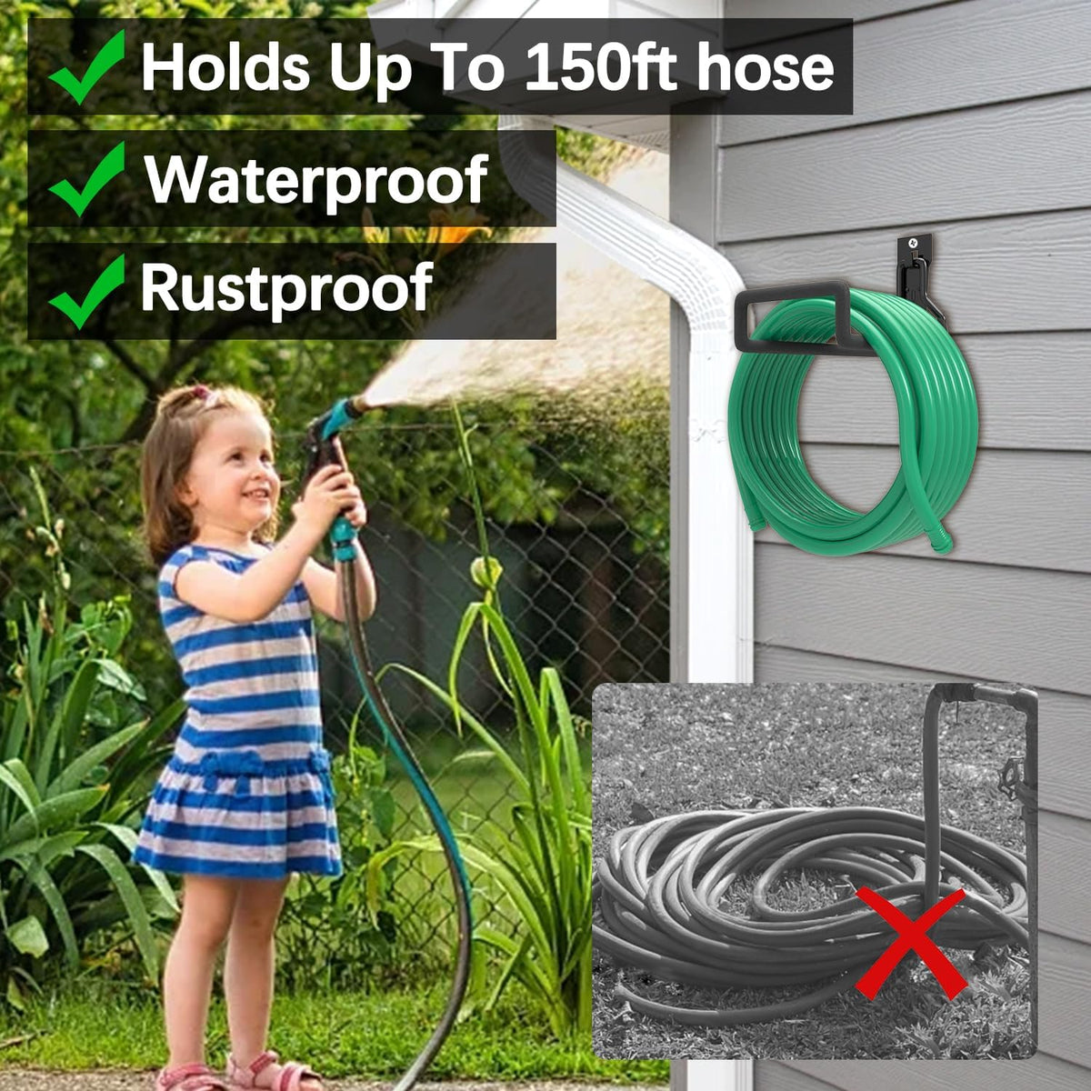 3-H Garden Hose Holder Wall Mount 2 Pack,Solid Steel Hose Hanger wih Extension Strap,Water Hose Holders for Outside to Hang Outdoor Air Hose,Ropes,Pipes,Power Tools,Ladders,Bikes,Bulk Items