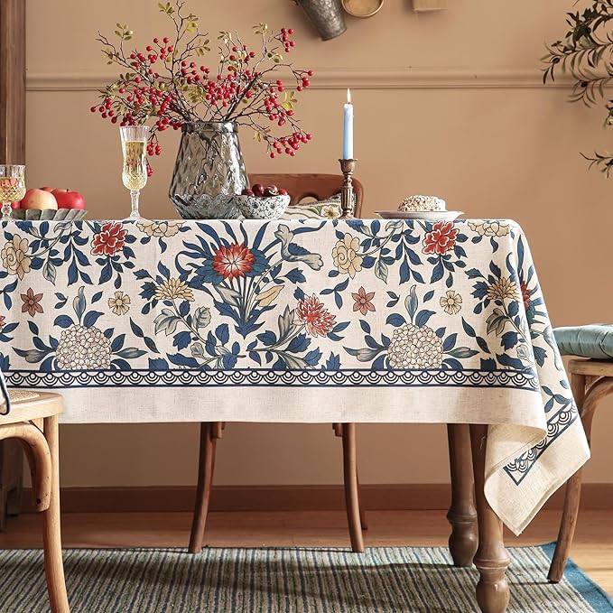 patdrea Designer Blue Tablecloth for Rectangle Table,Vintage Linen Leaves and Floral Pattern Extra Long Tablecloths,Floral Decor Cover for Kitchen Dining Christmas,Thanksgiving,67"x118"-Ivar a