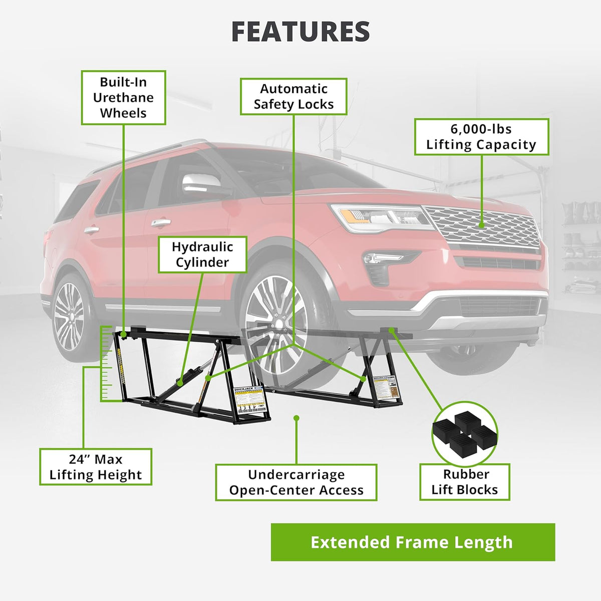 QuickJack 6000TLX Portable Car Lift with 6,000lb Capacity, with 110V Power Unit, Safe & Portable Design Garage Lift for Home, Garage, Shop, or Mechanic Auto Repair